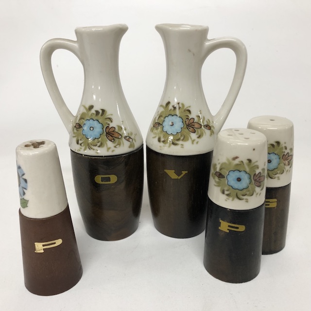 CONDIMENT SET, 1960s Brown White Floral Jug, Salt & Pepper